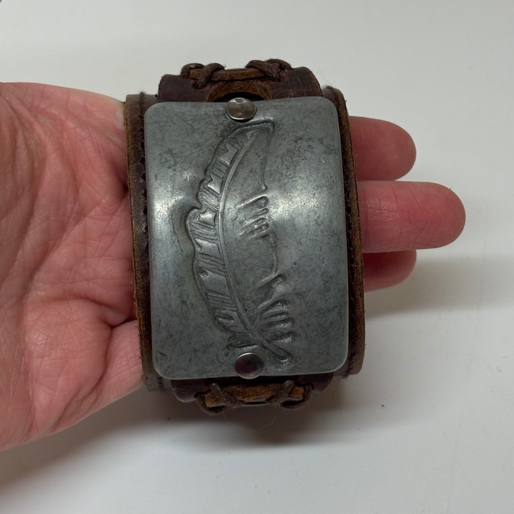 Brown Leather Cuff Bracelet Embossed Feather Metal Plate Distressed Biker Style